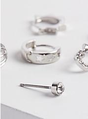 Plus Size Safety Pin & Stud Huggie Earring Set of 6 - Silver Tone, , alternate