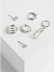 Plus Size Safety Pin & Stud Huggie Earring Set of 6 - Silver Tone, , hi-res