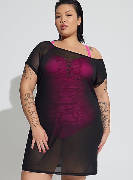 Plus Size Mesh Swim Cover-Up Dress - Black , DEEP BLACK, hi-res