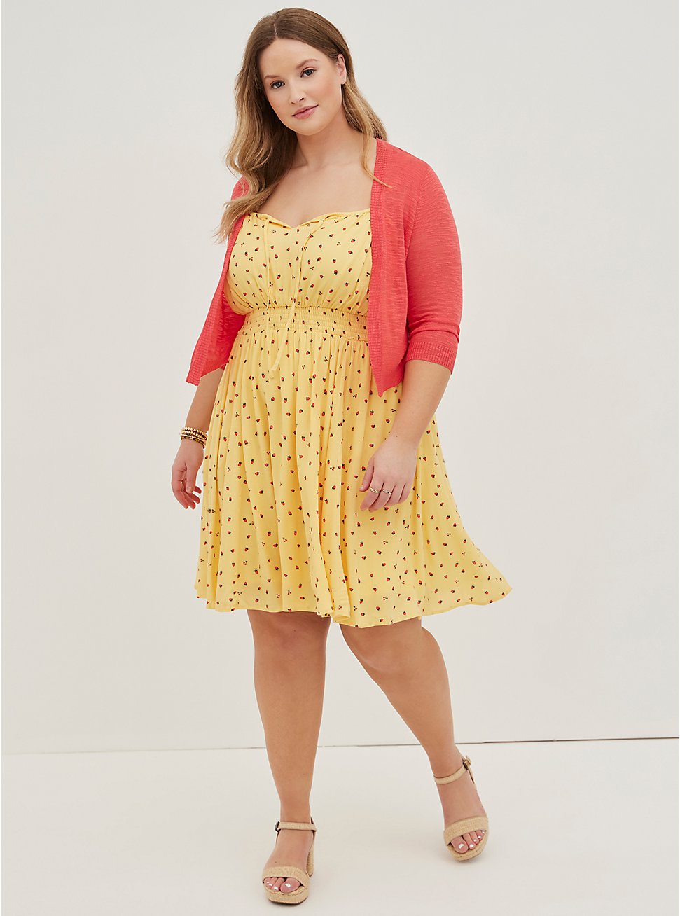 Smocked Waist Mini Dress - Gauze Strawberries Yellow, STRAWBERRIES - YELLOW, hi-res