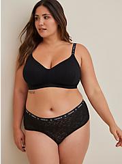 Plus Size 4-Way Stretch Lace Mid-Rise Cheeky Logo Panty, RICH BLACK, hi-res