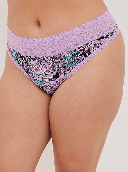 Wide Lace Trim Lattice Thong Panty - Microfiber Tattoos Purple, , alternate