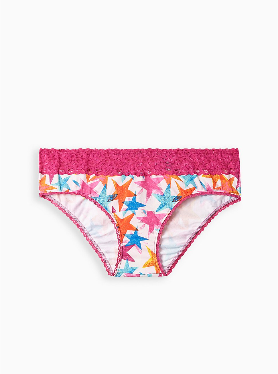 Plus Size Wide Lace Trim Keyhole Hipster Panty - Cotton Stars Pink, FLO STARS: PINK, hi-res