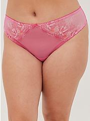 Plus Size Cut Out Thong Panty - Embroidered Mesh Pink, , alternate