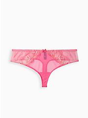Plus Size Cut Out Thong Panty - Embroidered Mesh Pink, , hi-res