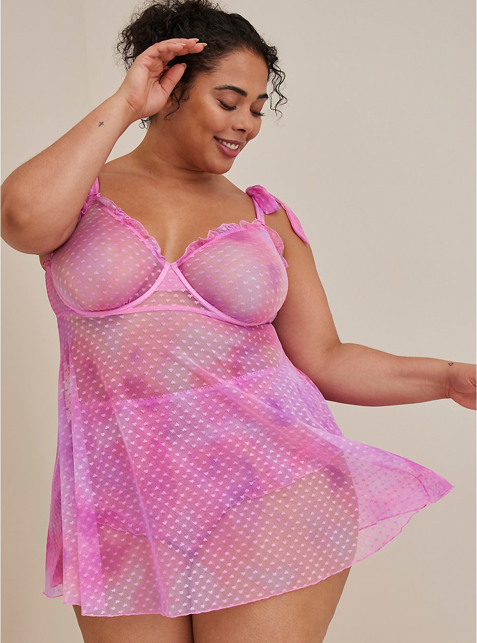 Plus Size Underwire Unlined Ruffle Trim Babydoll - Pink, SOFT CLOUD WASH PINK, hi-res