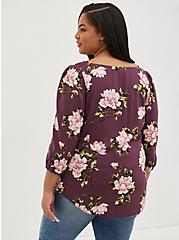 Smocked Puff Sleeve Blouse - Textured Stretch Rayon Floral Purple, FLORAL - PURPLE, alternate