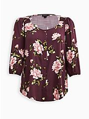 Smocked Puff Sleeve Blouse - Textured Stretch Rayon Floral Purple, FLORAL - PURPLE, hi-res