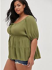 Plus Size Tiered Babydoll Top - Crinkle Gauze Green, OLIVE, alternate