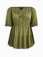 Plus Size Tiered Babydoll Top - Crinkle Gauze Green, OLIVE, hi-res