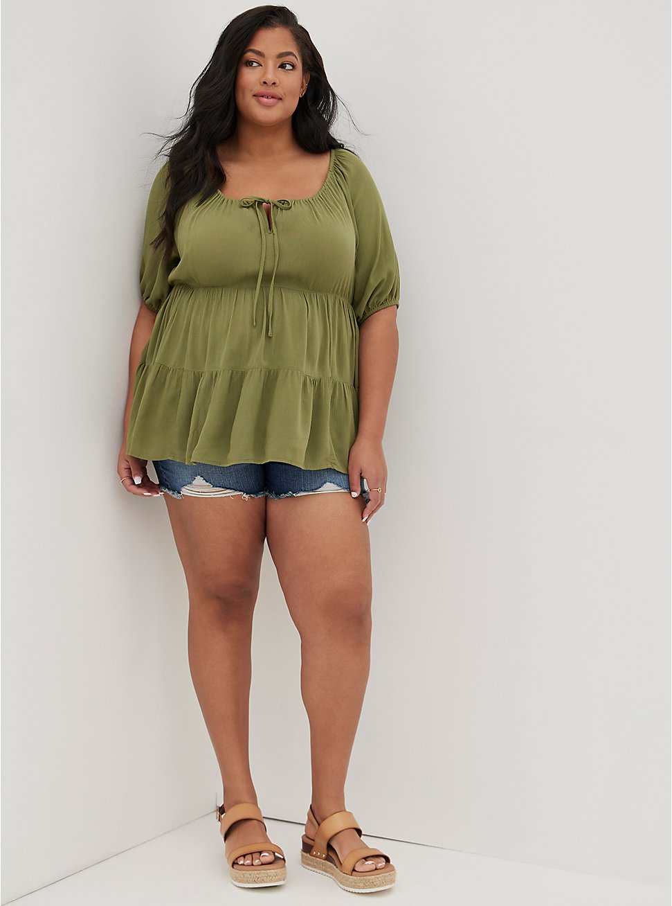 Plus Size Tiered Babydoll Top - Crinkle Gauze Green, OLIVE, hi-res