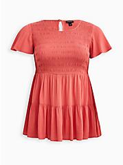 Plus Size Tiered Babydoll Top - Crinkle Gauze Coral, CORAL, hi-res