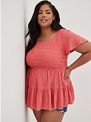 Plus Size Tiered Babydoll Top - Crinkle Gauze Coral, CORAL, hi-res