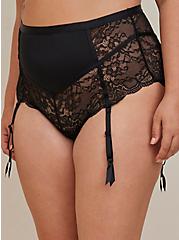 Retro Microfiber And Lace Cheeky Panty With Garter, RICH BLACK, alternate