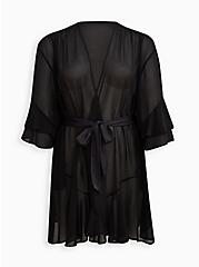 Plus Size Tiered Short Robe - Chiffon Black , RICH BLACK, hi-res