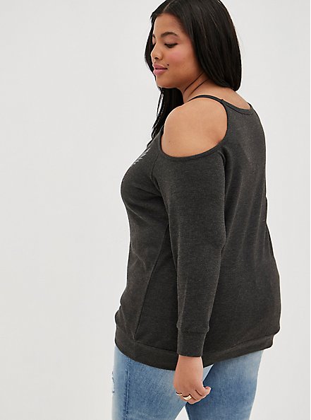 Plus Size Cold Shoulder Sweatshirt - Fleece Poison Grey, CHARCOAL  GREY, alternate