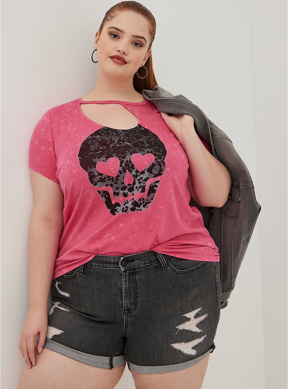 Plus Size LoveSick Asymmetrical Cutout Tee - Cotton Skull Pink, PURPLE, hi-res