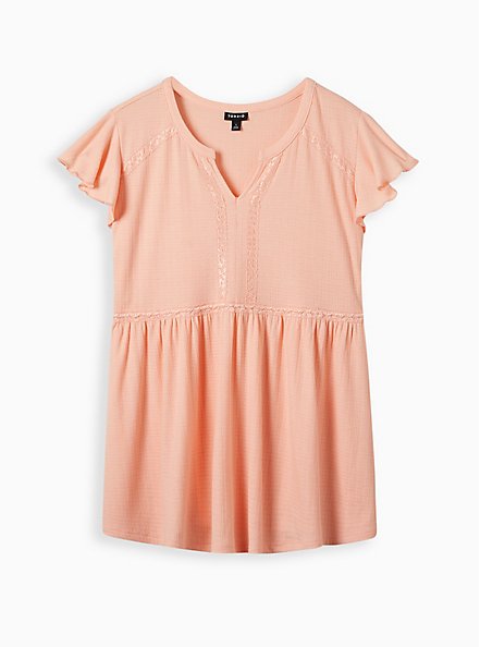 Plus Size Lace Trim Babydoll Top - Knit Peach, PEACH, hi-res