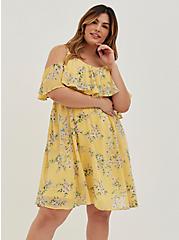Cold Shoulder Midi Dress - Chiffon Floral Yellow, FLORAL - YELLOW, hi-res