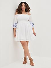 Plus Size Cold Shoulder Dress - Crinkle Gauze White & Blue, BRIGHT WHITE, alternate