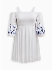 Plus Size Cold Shoulder Dress - Crinkle Gauze White & Blue, BRIGHT WHITE, hi-res