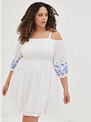 Plus Size Cold Shoulder Dress - Crinkle Gauze White & Blue, BRIGHT WHITE, hi-res