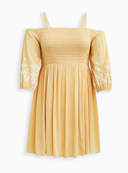 Cold Shoulder Dress - Crinkle Gauze Yellow & White, SUNDRESS, hi-res