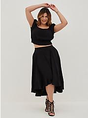 Plus Size Smocked Crop Top & Hi-Lo Skirt Set - Challis Black, DEEP BLACK, hi-res