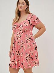 Shirred Fit & Flare Dress - Stretch Challis Floral Pink , FLORAL - PEACH, alternate
