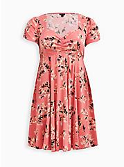 Shirred Fit & Flare Dress - Stretch Challis Floral Pink , FLORAL - PEACH, hi-res