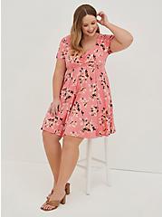 Shirred Fit & Flare Dress - Stretch Challis Floral Pink , FLORAL - PEACH, hi-res