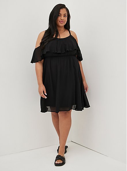 Plus Size Cold Shoulder Midi Dress - Chiffon Black, DEEP BLACK, hi-res