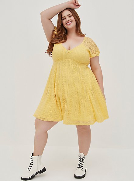 Plus Size Betsey Johnson Sweetheart Fit & Flare Dress - Lace Striped Yellow, SUNDRESS, alternate