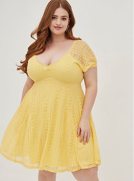 Plus Size Betsey Johnson Sweetheart Fit & Flare Dress - Lace Striped Yellow, SUNDRESS, hi-res