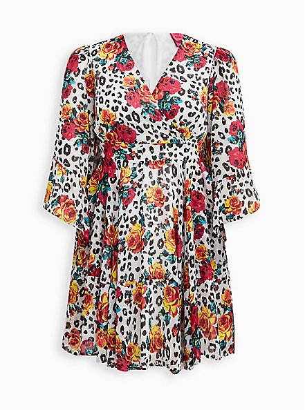 Betsey Johnson Ruffle Bell Sleeve Mini Dress - Crinkle Chiffon Leopard Floral, FLORAL - MULTI, hi-res