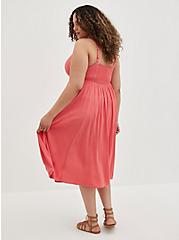 Button Front Midi Dress - Textured Stretch Rayon Coral , CORAL, alternate