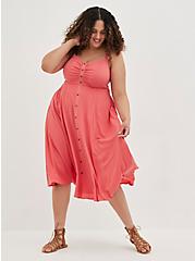 Button Front Midi Dress - Textured Stretch Rayon Coral , CORAL, hi-res