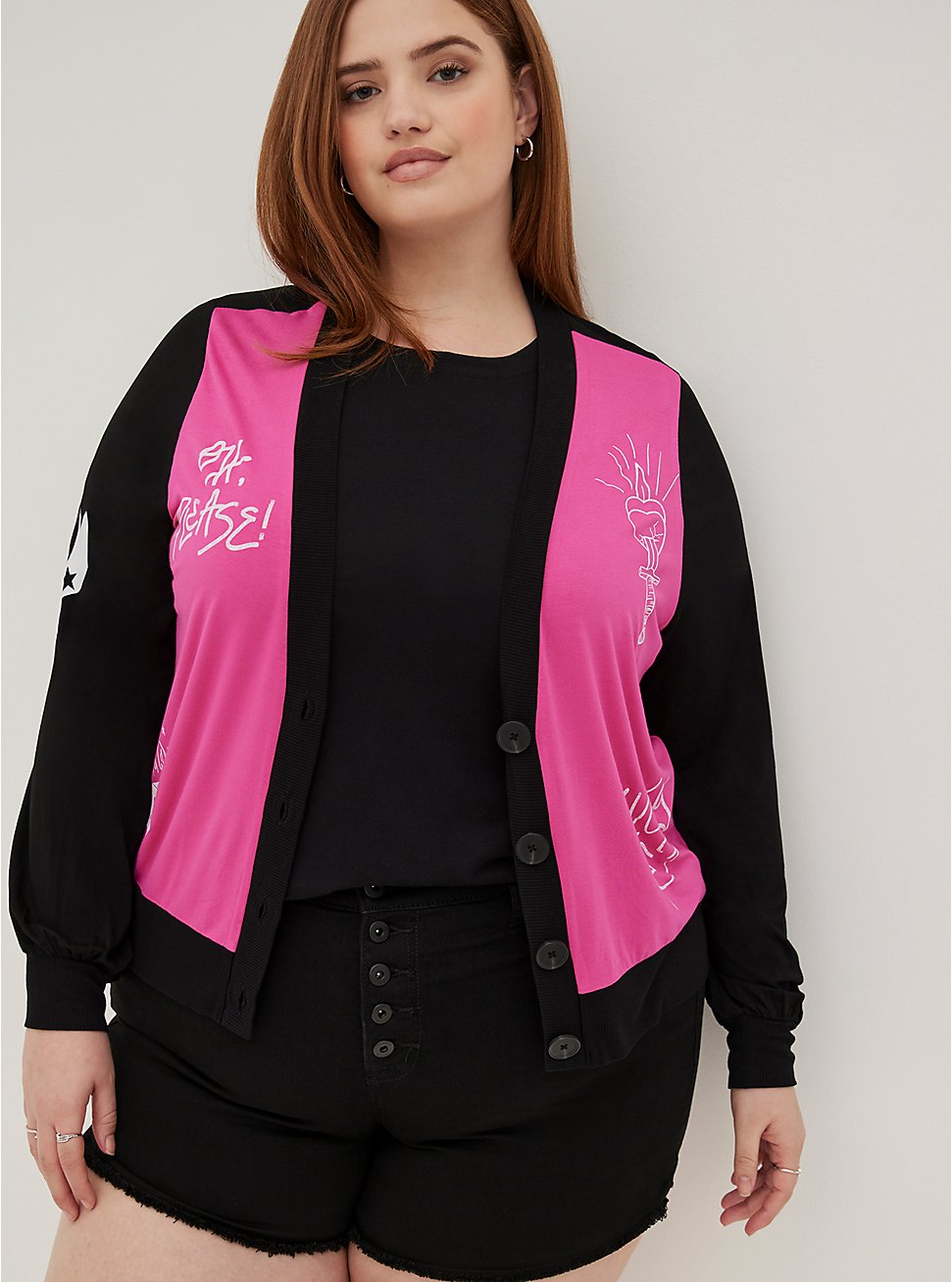 Plus Size LoveSick Button-Front Cardigan - Super Soft Black & Pink, BLACK, hi-res