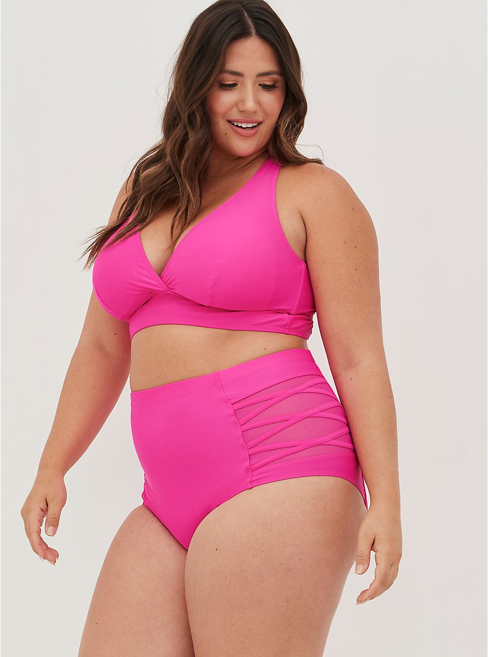 Plus Size Lattice Side Swim Brief - Bright Pink , PINK GLO, hi-res