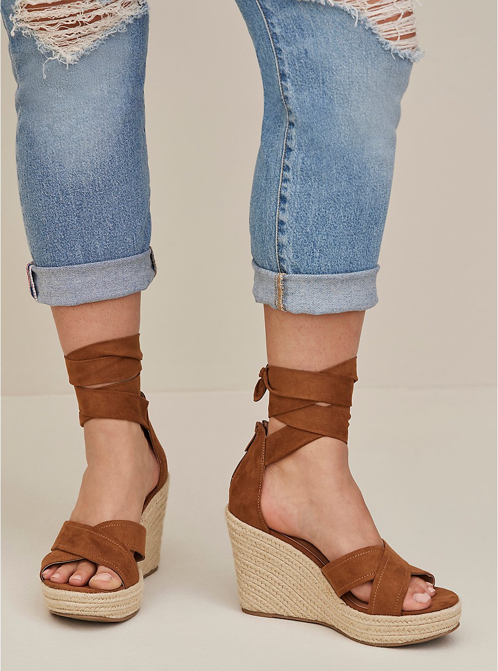Plus Size Lace-Up Espadrille Wedge - Brown (WW), BROWN, hi-res