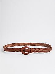 Plus Size Woven Belt - Faux Leather Brown, BROWN, alternate