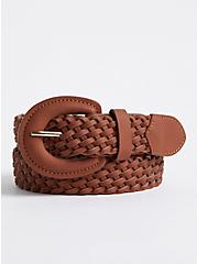 Plus Size Woven Belt - Faux Leather Brown, BROWN, hi-res