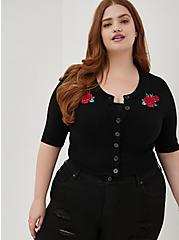 Plus Size Retro Chic Embroidered Rose Cardigan - Black, BLACK, alternate