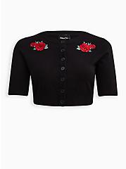 Plus Size Retro Chic Embroidered Rose Cardigan - Black, BLACK, hi-res