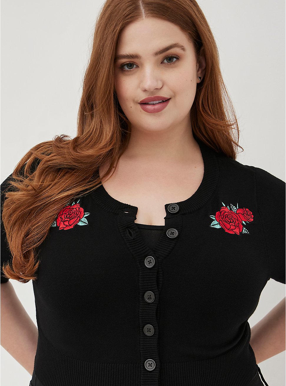 Plus Size Retro Chic Embroidered Rose Cardigan - Black, BLACK, hi-res