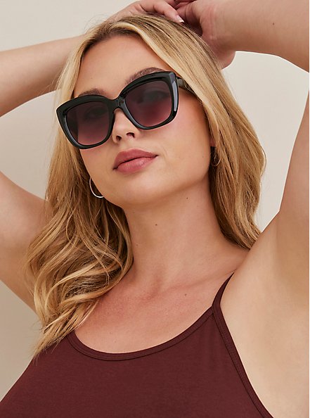 Plus Size Classic Cateye Sunglasses - Black with Smoke Lens, , hi-res