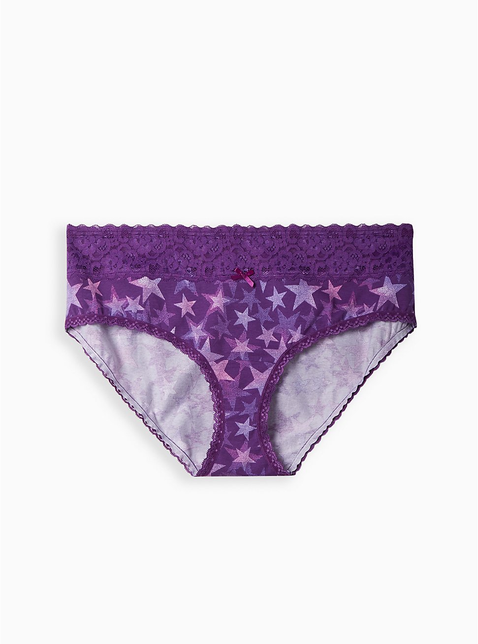 Plus Size Wide Lace Trim Hipster Panty - Cotton Stars Purple, DOTTED STARS PURPLE, hi-res