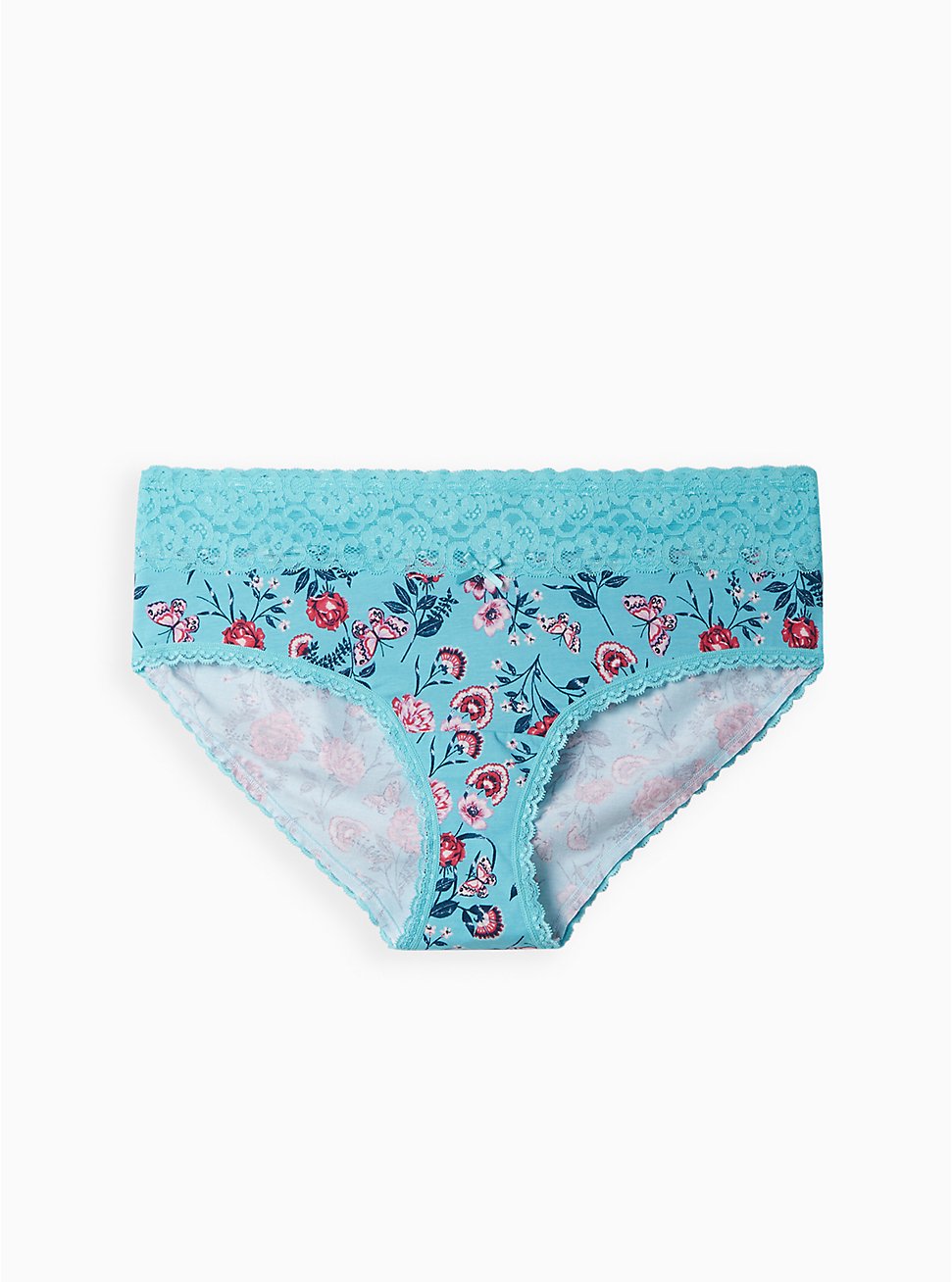 Plus Size Wide Lace Trim Hipster Panty - Cotton Floral Blue, NATURAL LIGHT FLORAL BLUE, hi-res