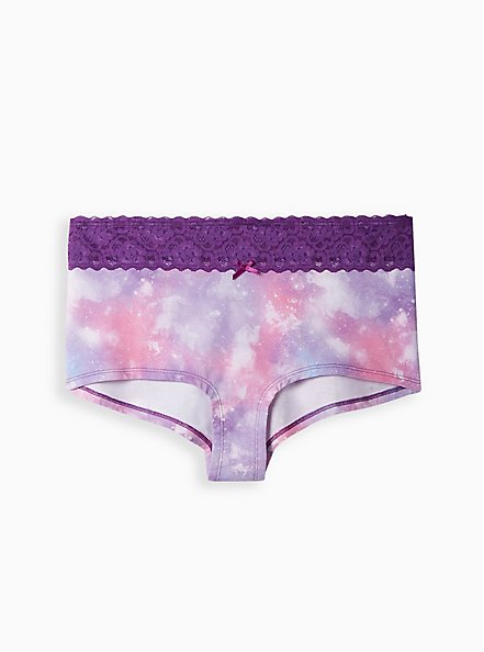 Wide Lace Trim Boyshort Panty - Cotton Tie Dye Purple, MAGIC SKY PURPLE, hi-res