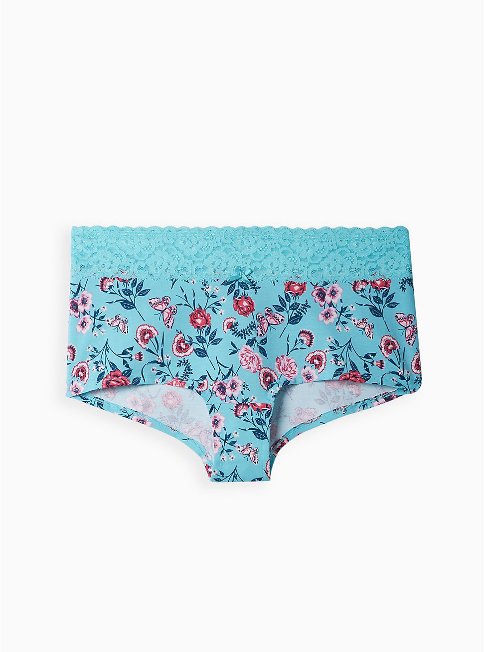 Plus Size Wide Lace Trim Boyshort Panty - Cotton Floral Blue, NATURAL LIGHT FLORAL BLUE, hi-res